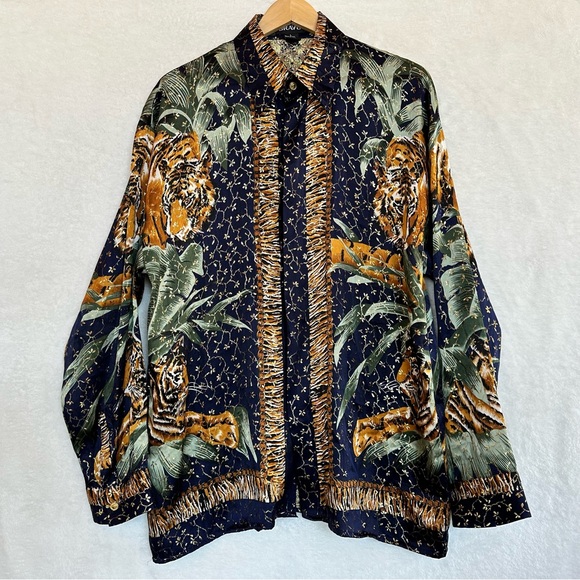 Vtg BRAVO men’s metallic silk tiger animal print gold browns button up shirt L - Picture 1 of 16